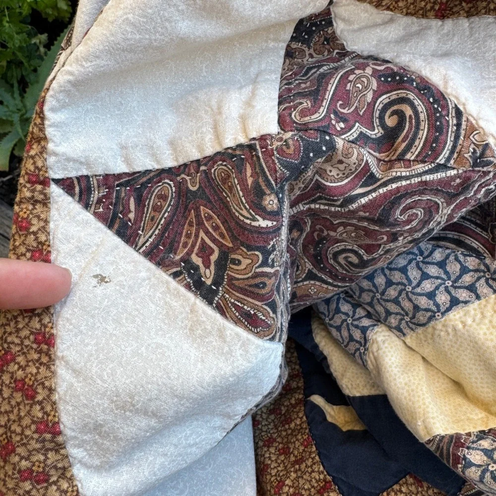 Vintage Patchwork Sampler Quilt Blanket Blue Brown Cotton Star Paisley Americana